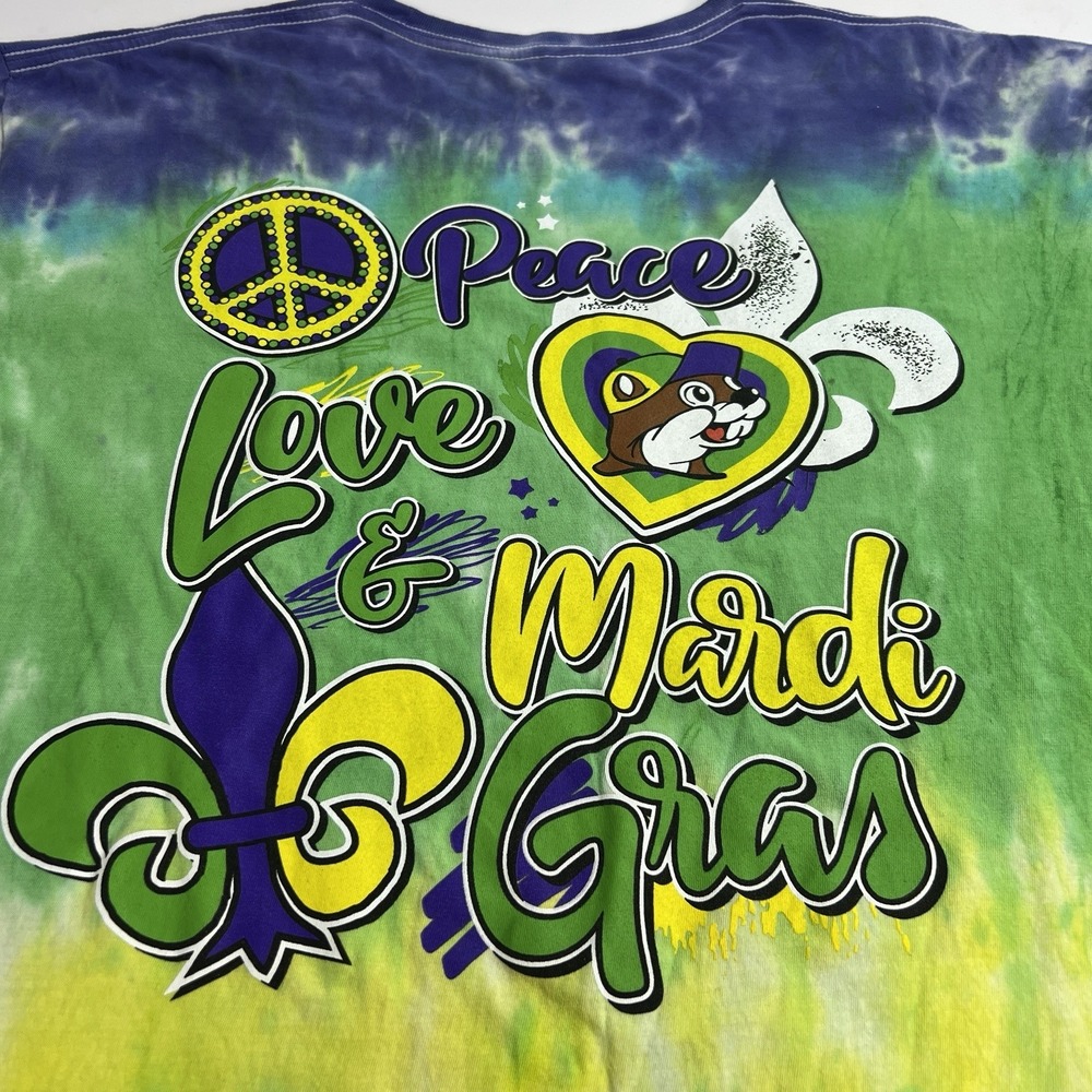 Buc-ee's Peace Love Mardi Gras T Shirt XL Tie Dye Blue Green Yellow New Orleans - Picture 4 of 12